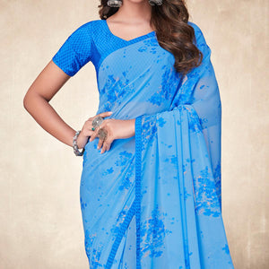 Light Blue Casual Wear Floral Printed Georgette Saree