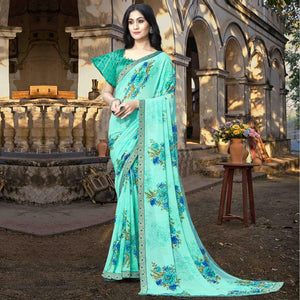 Light Blue Casual Wear Floral Printed Georgette Saree With Lace Border