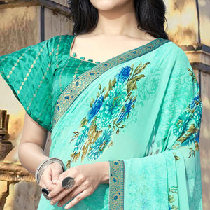 Light Blue Casual Wear Floral Printed Georgette Saree With Lace Border