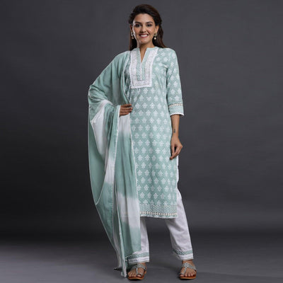 Light Blue Casual Wear Printed Cotton Kurti - Pant Set With Dupatta