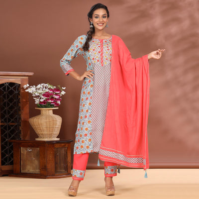 Light Blue Casual Wear Printed Cotton Kurti - Pant Set With Dupatta