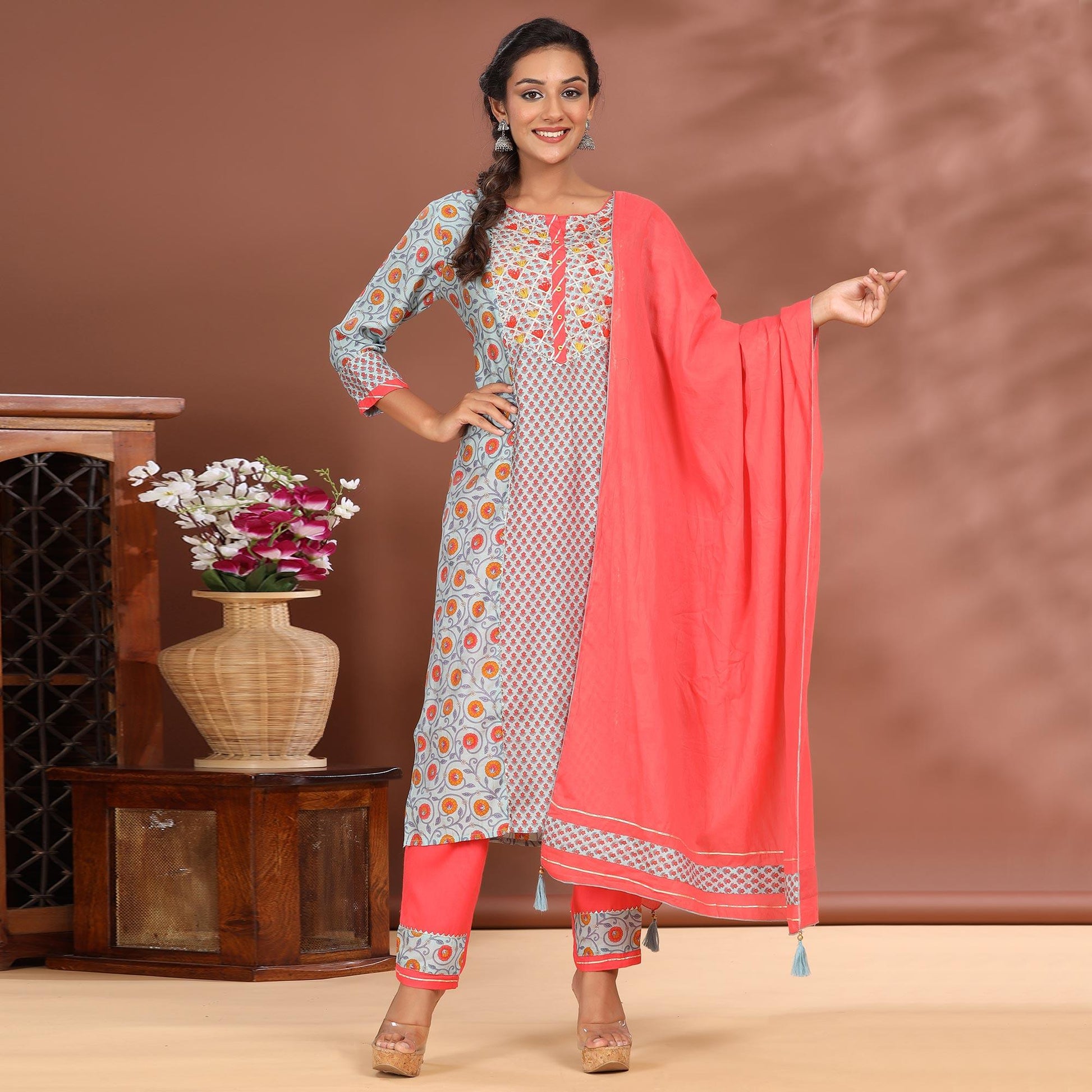 Light Blue Casual Wear Printed Cotton Kurti - Pant Set With Dupatta
