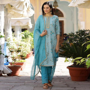 Light Blue Casual Wear Printed Cotton Kurti - Pant Set With Dupatta