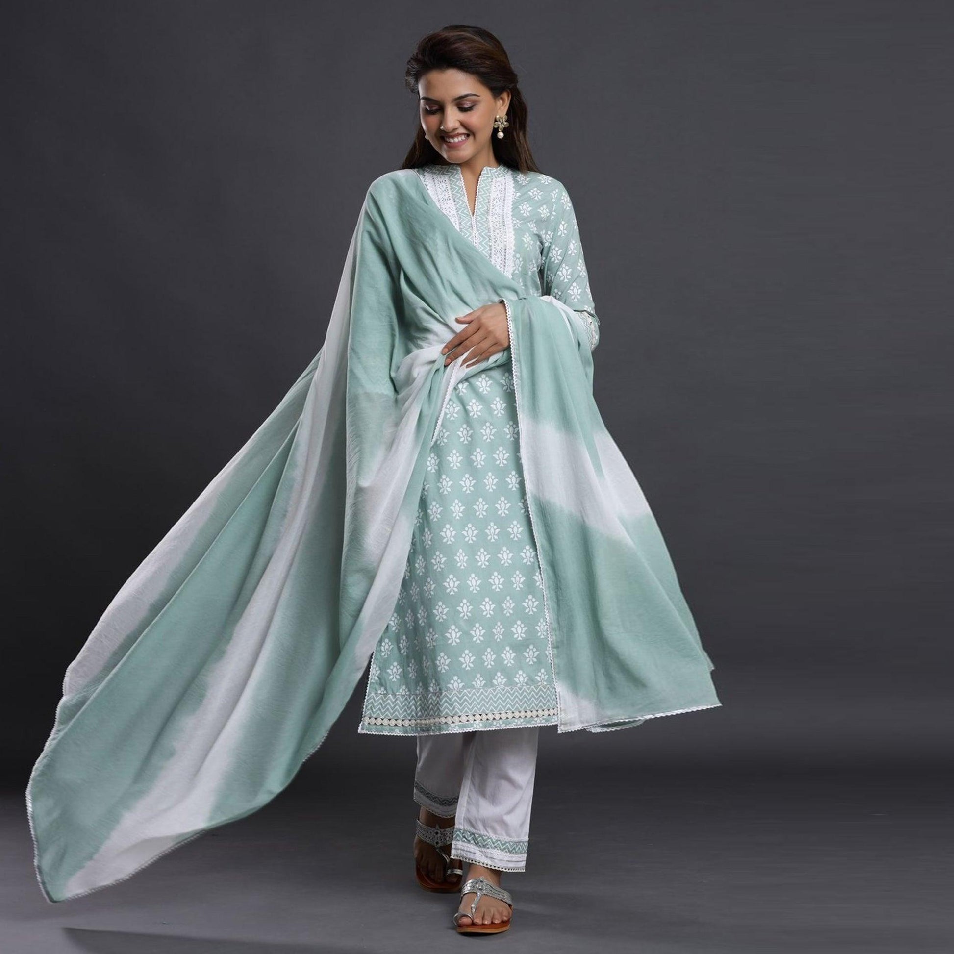 Light Blue Casual Wear Printed Cotton Kurti - Pant Set With Dupatta