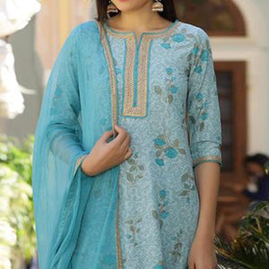 Light Blue Casual Wear Printed Cotton Kurti - Pant Set With Dupatta