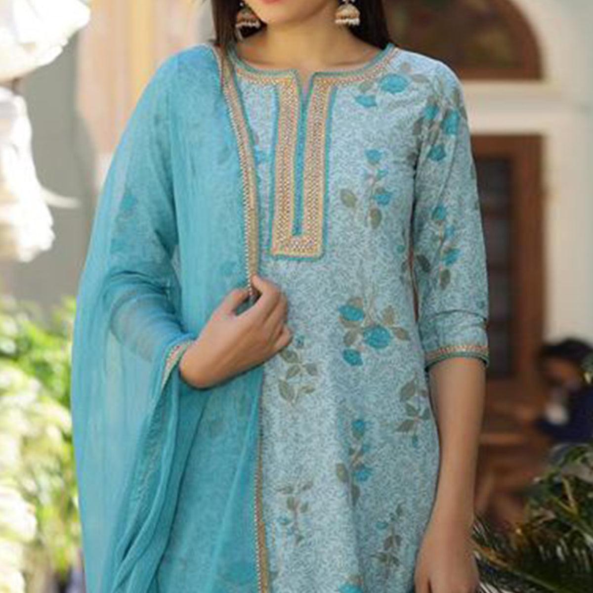 Light Blue Casual Wear Printed Cotton Kurti - Pant Set With Dupatta