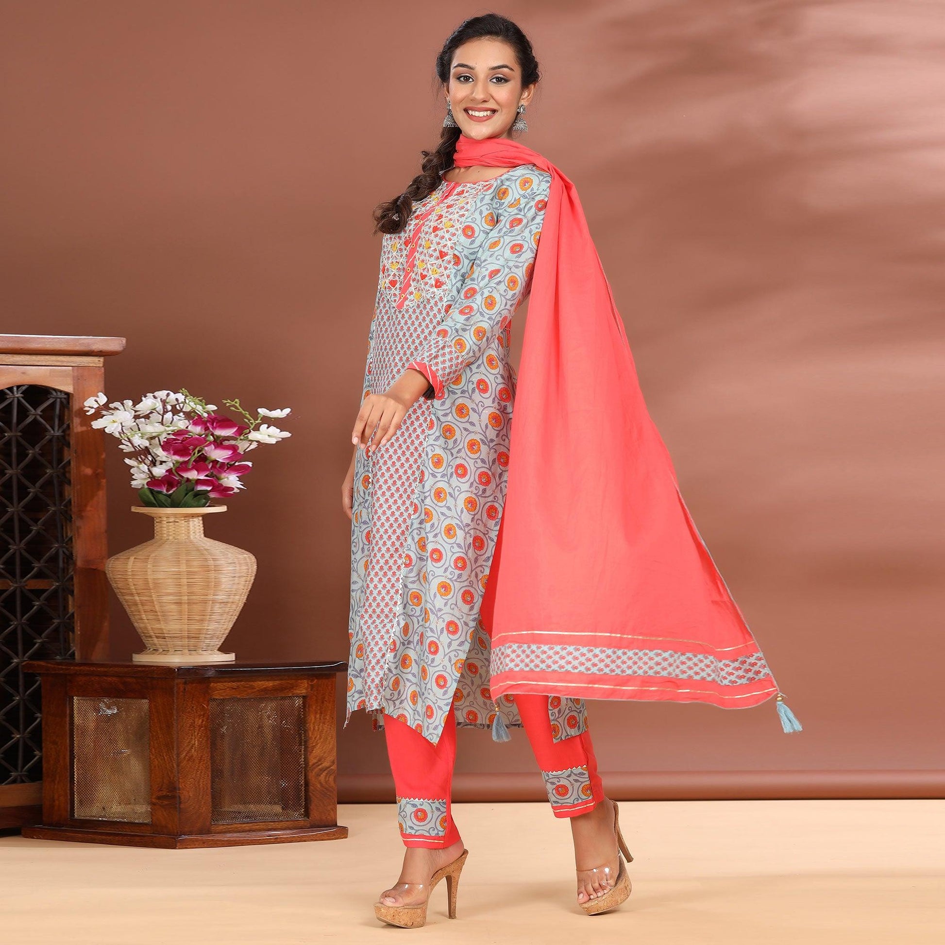 Light Blue Casual Wear Printed Cotton Kurti - Pant Set With Dupatta