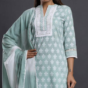 Light Blue Casual Wear Printed Cotton Kurti - Pant Set With Dupatta