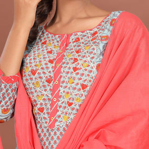 Light Blue Casual Wear Printed Cotton Kurti - Pant Set With Dupatta