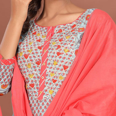 Light Blue Casual Wear Printed Cotton Kurti - Pant Set With Dupatta