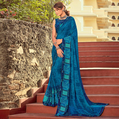 Light Blue Casual Wear Printed Georgette Saree