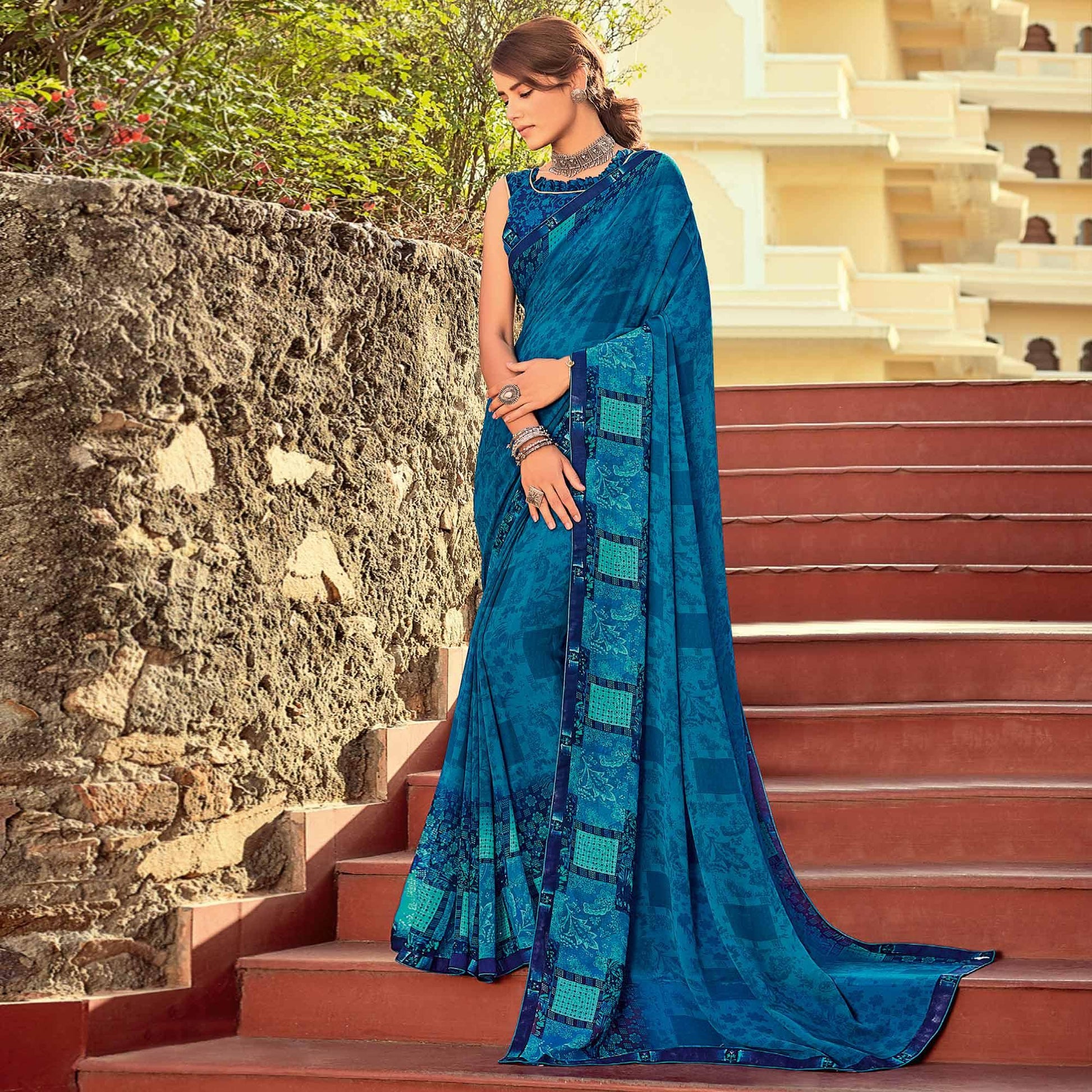 Light Blue Casual Wear Printed Georgette Saree