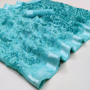 Light Blue Casual Wear Printed Linen Cotton Saree