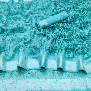 Light Blue Casual Wear Printed Linen Cotton Saree