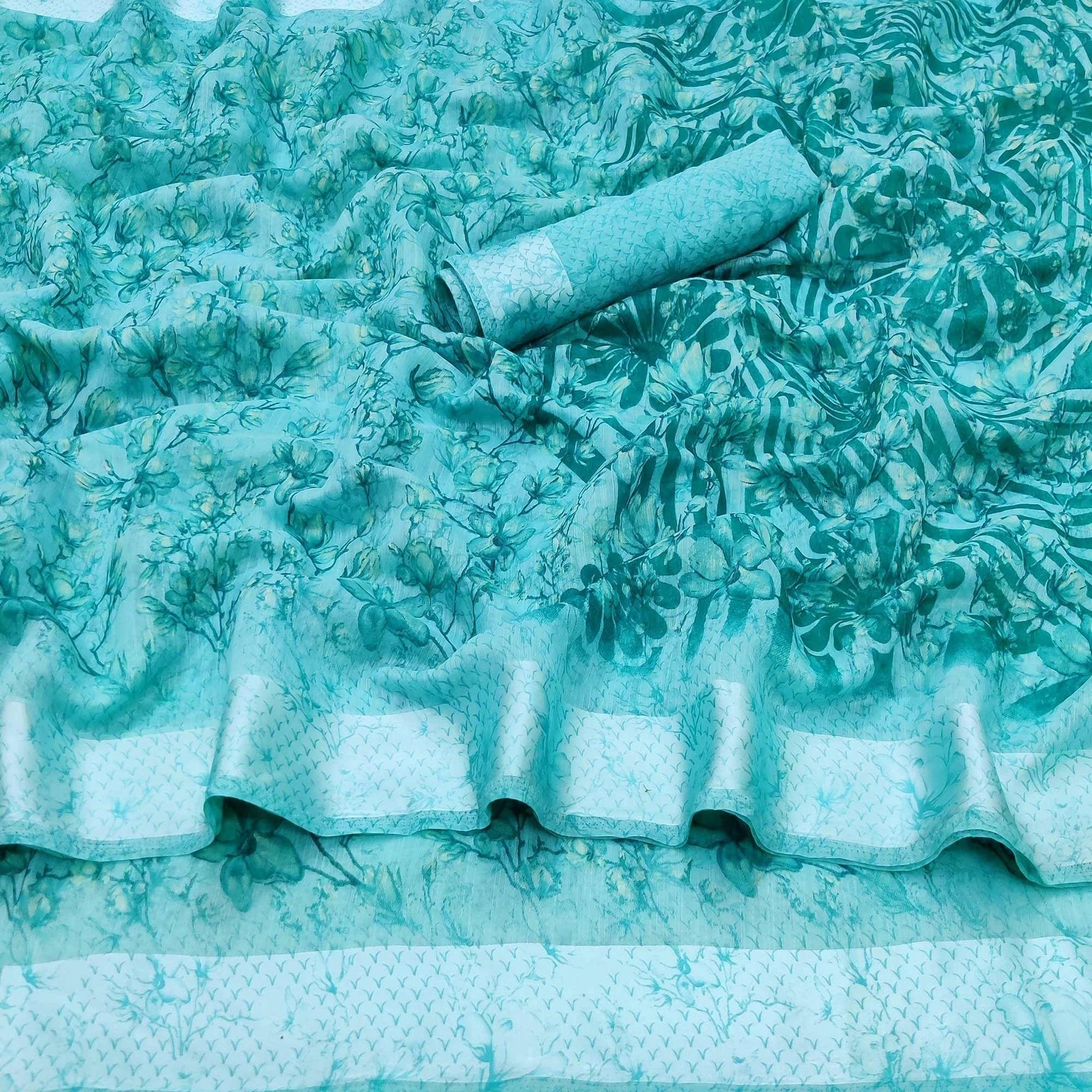 Light Blue Casual Wear Printed Linen Cotton Saree