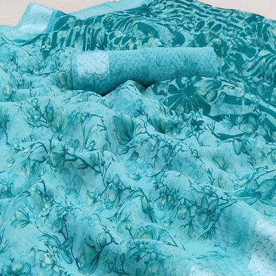 Light Blue Casual Wear Printed Linen Cotton Saree