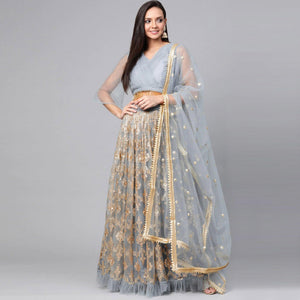 Light Blue Designer Wedding Wear Thread Zari Work Soft Net Lehenga Choli