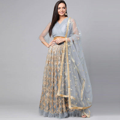 Light Blue Designer Wedding Wear Thread Zari Work Soft Net Lehenga Choli