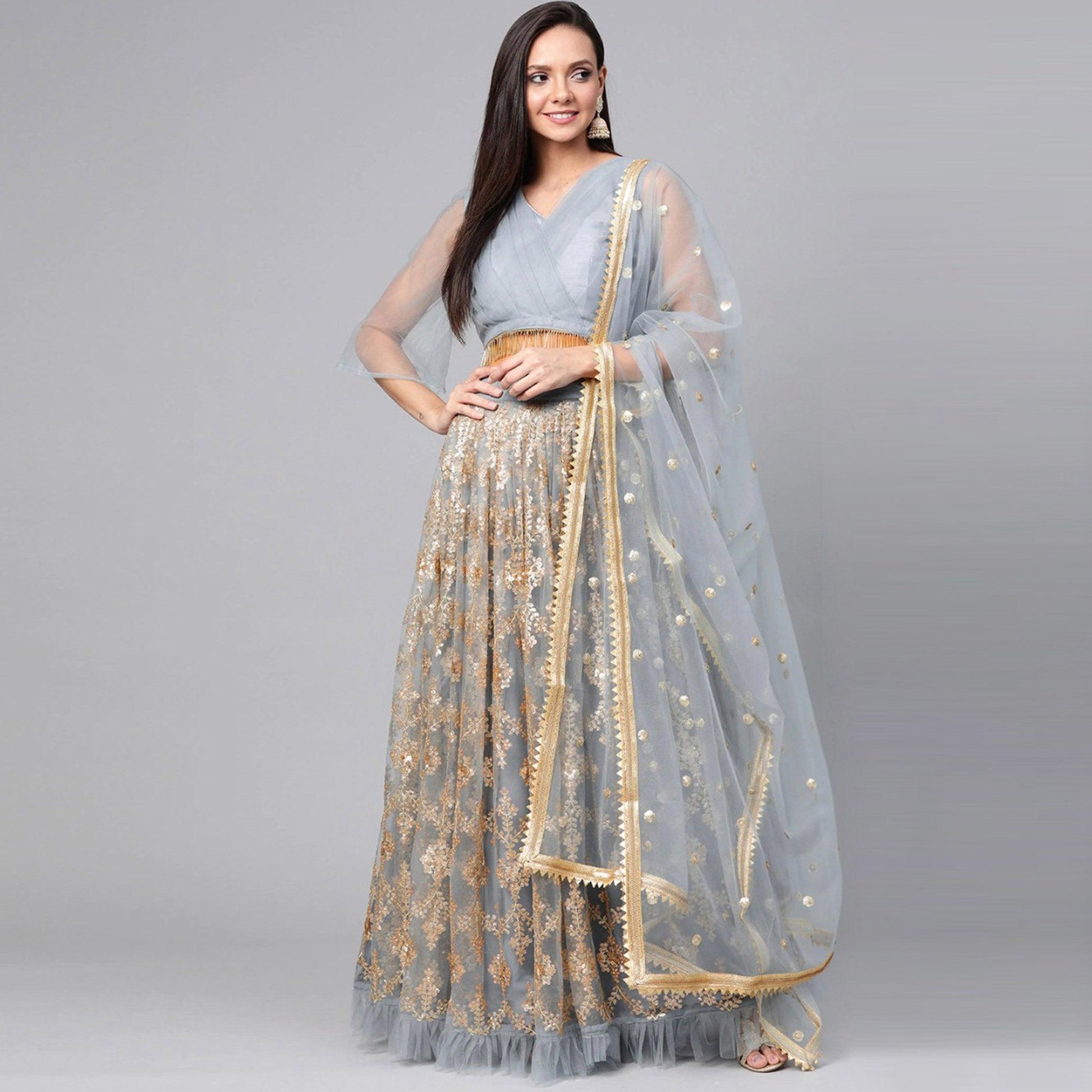 Light Blue Designer Wedding Wear Thread Zari Work Soft Net Lehenga Choli