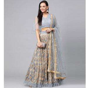 Light Blue Designer Wedding Wear Thread Zari Work Soft Net Lehenga Choli