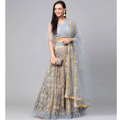 Light Blue Designer Wedding Wear Thread Zari Work Soft Net Lehenga Choli