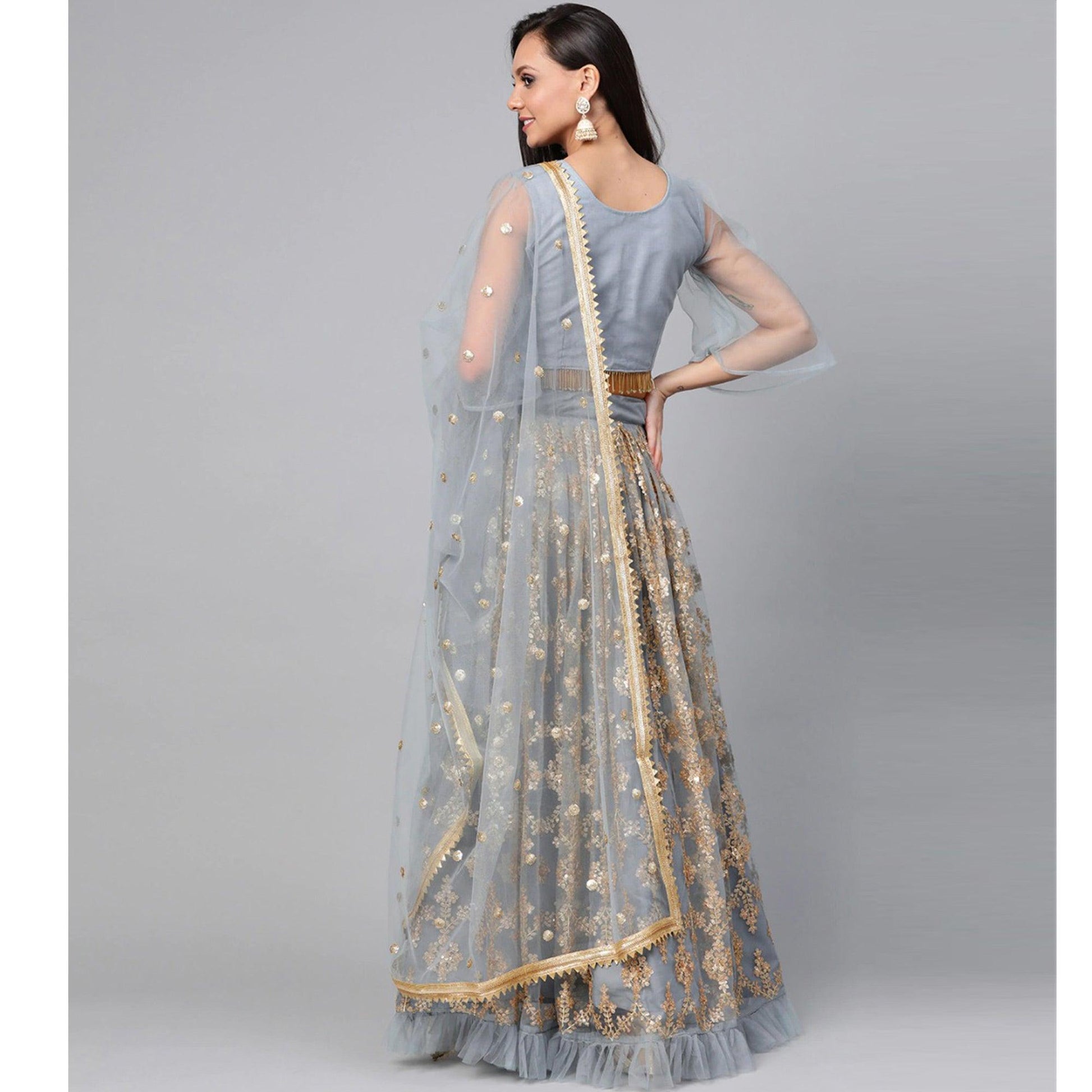 Light Blue Designer Wedding Wear Thread Zari Work Soft Net Lehenga Choli