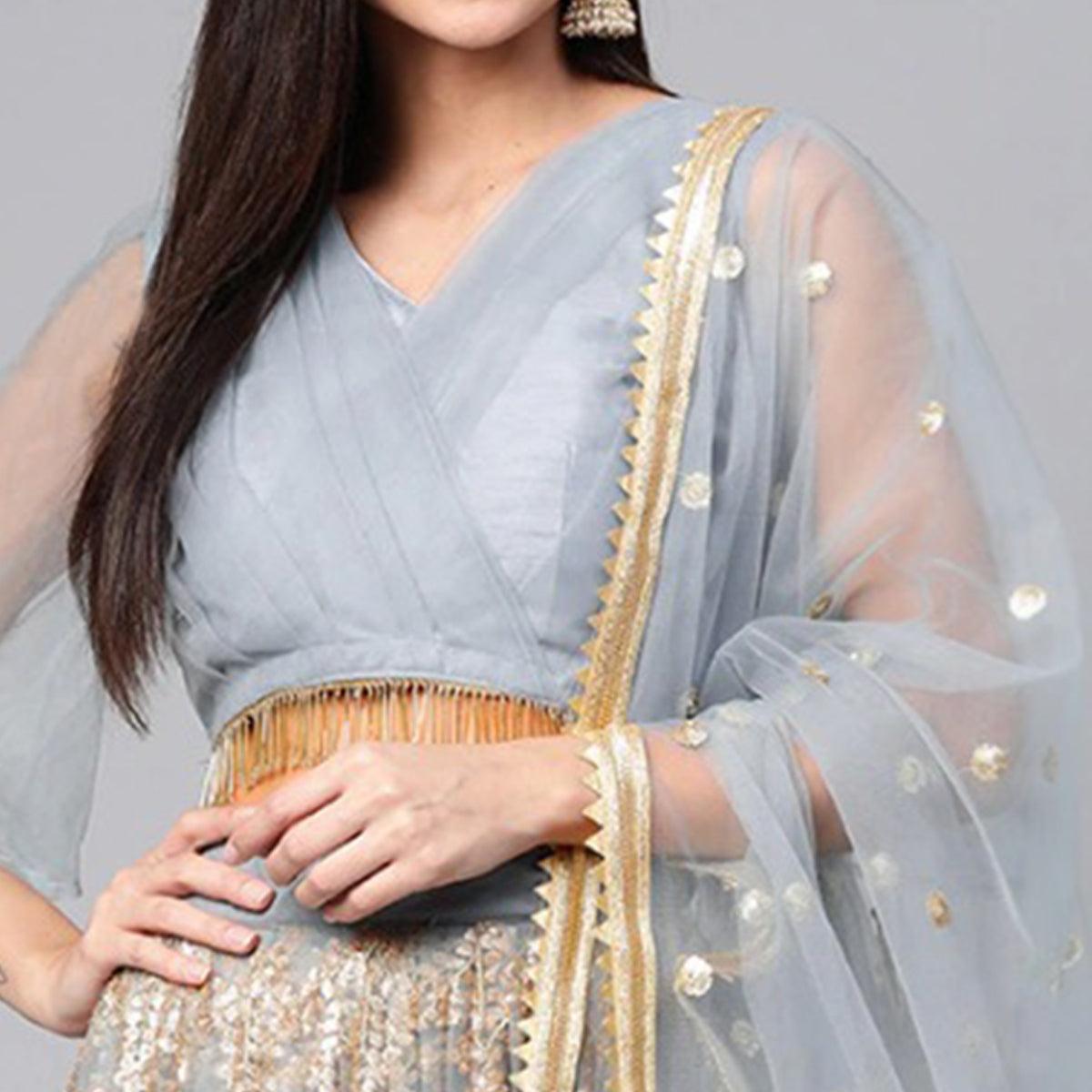 Light Blue Designer Wedding Wear Thread Zari Work Soft Net Lehenga Choli