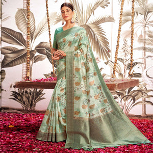 Light Blue Digital Printed Art Silk Saree With Tassels
