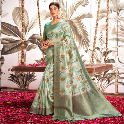 Light Blue Digital Printed Art Silk Saree With Tassels