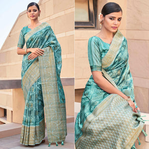 Light Blue Digital Printed Art Silk Saree With Tassels