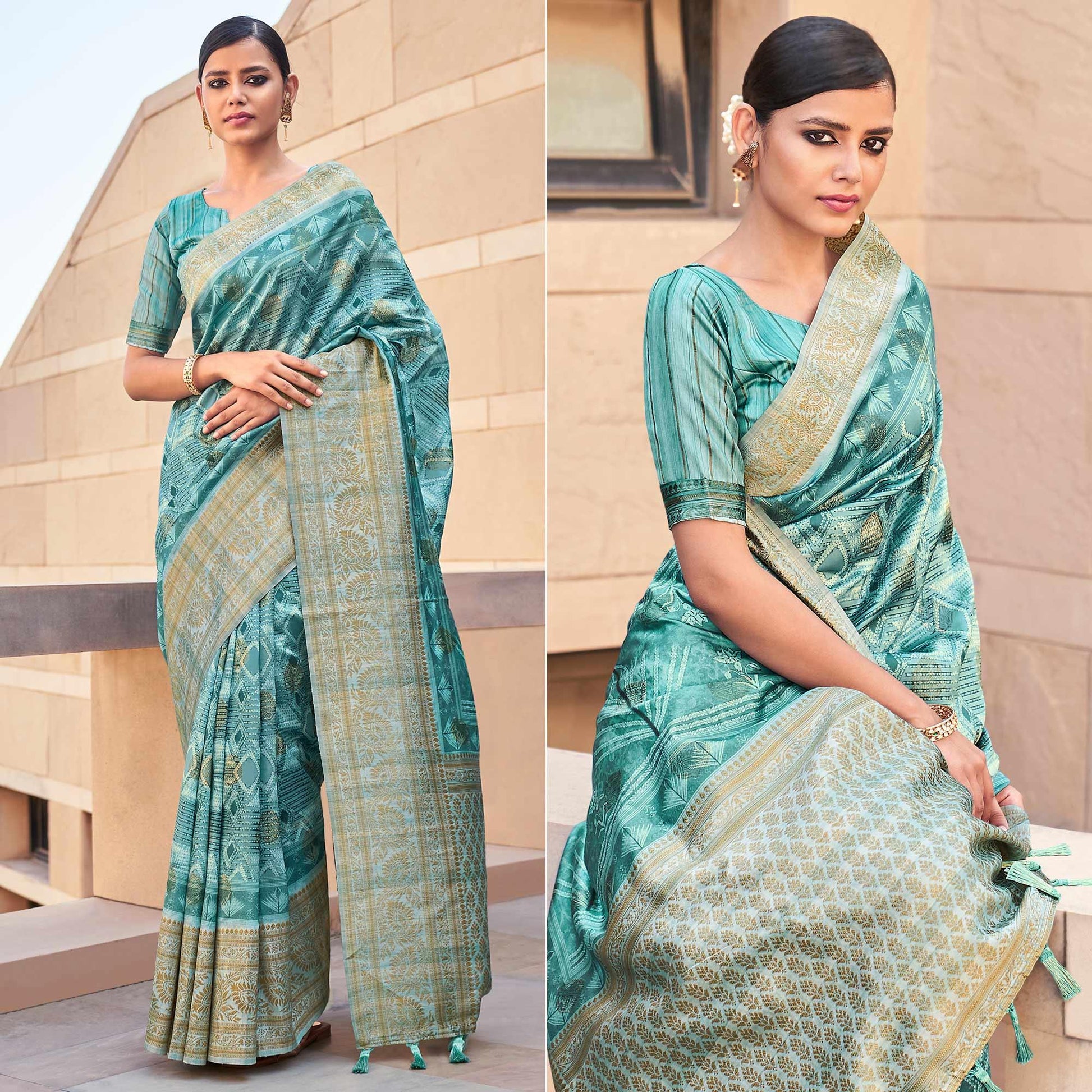 Light Blue Digital Printed Art Silk Saree With Tassels