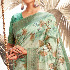 Light Blue Digital Printed Art Silk Saree With Tassels