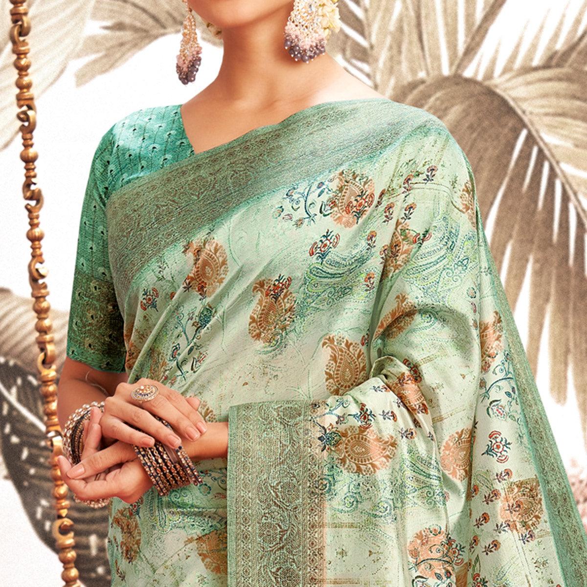 Light Blue Digital Printed Art Silk Saree With Tassels