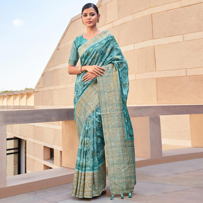 Light Blue Digital Printed Art Silk Saree With Tassels