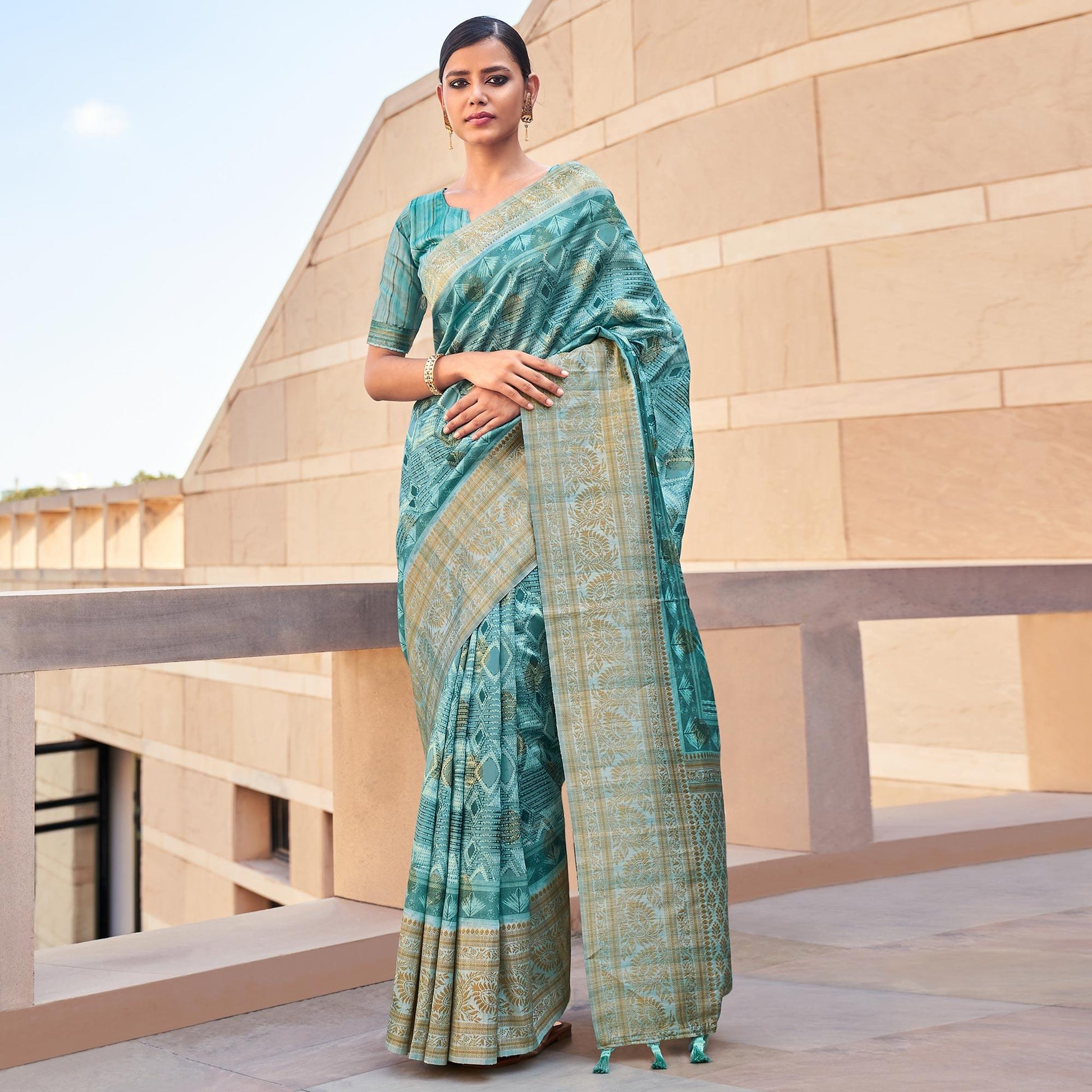 Light Blue Digital Printed Art Silk Saree With Tassels