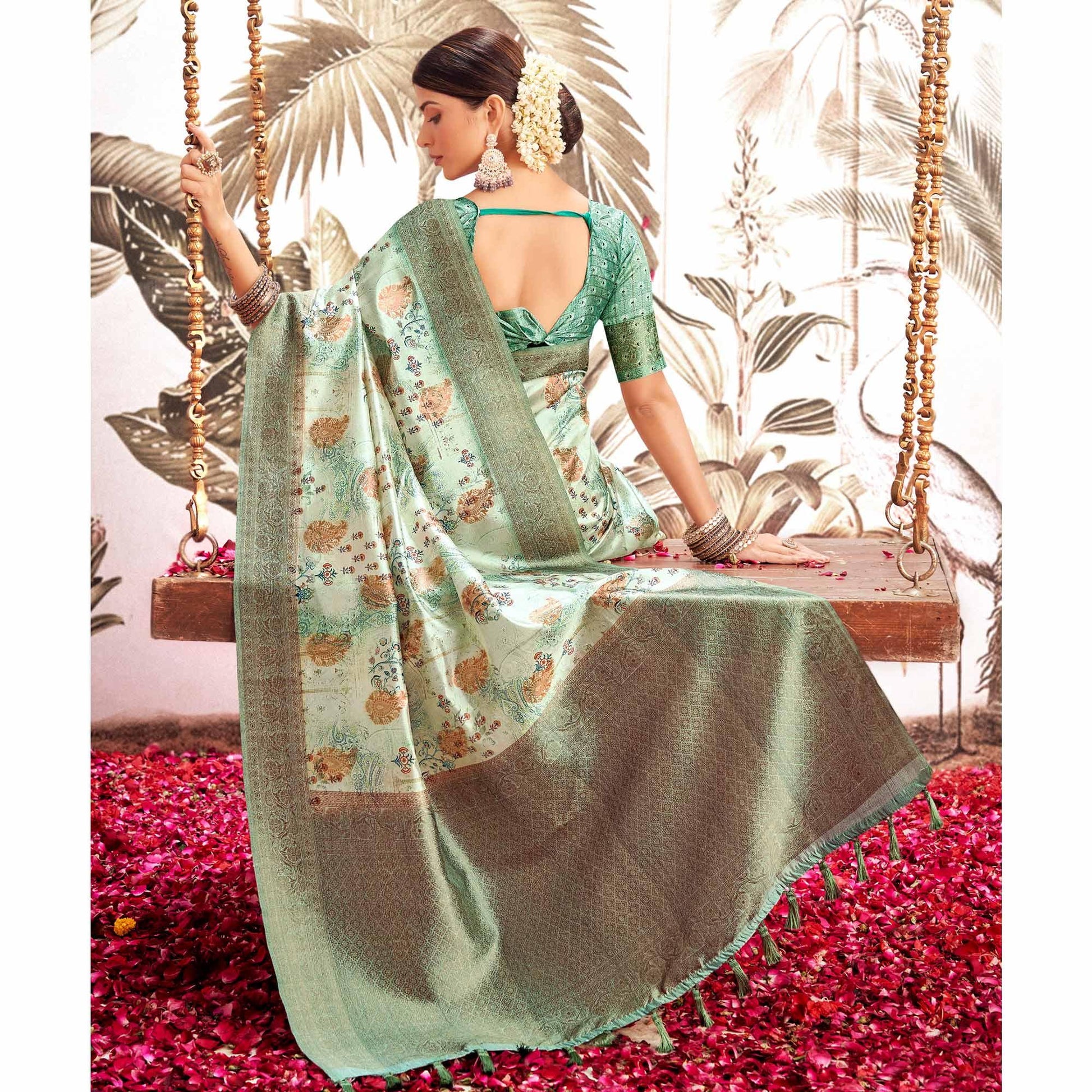 Light Blue Digital Printed Art Silk Saree With Tassels