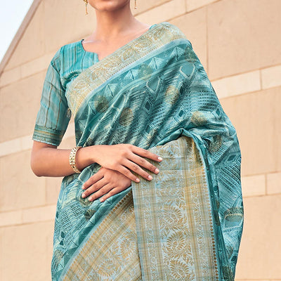 Light Blue Digital Printed Art Silk Saree With Tassels