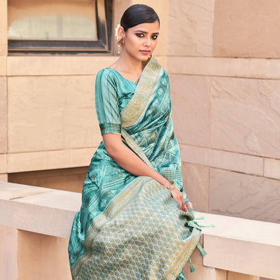 Light Blue Digital Printed Art Silk Saree With Tassels