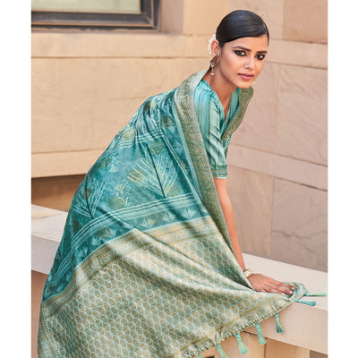 Light Blue Digital Printed Art Silk Saree With Tassels