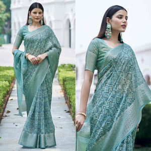 Light Blue Digital Printed Linen Saree
