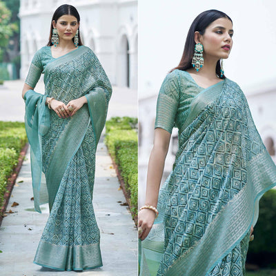 Light Blue Digital Printed Linen Saree