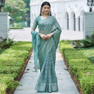 Light Blue Digital Printed Linen Saree