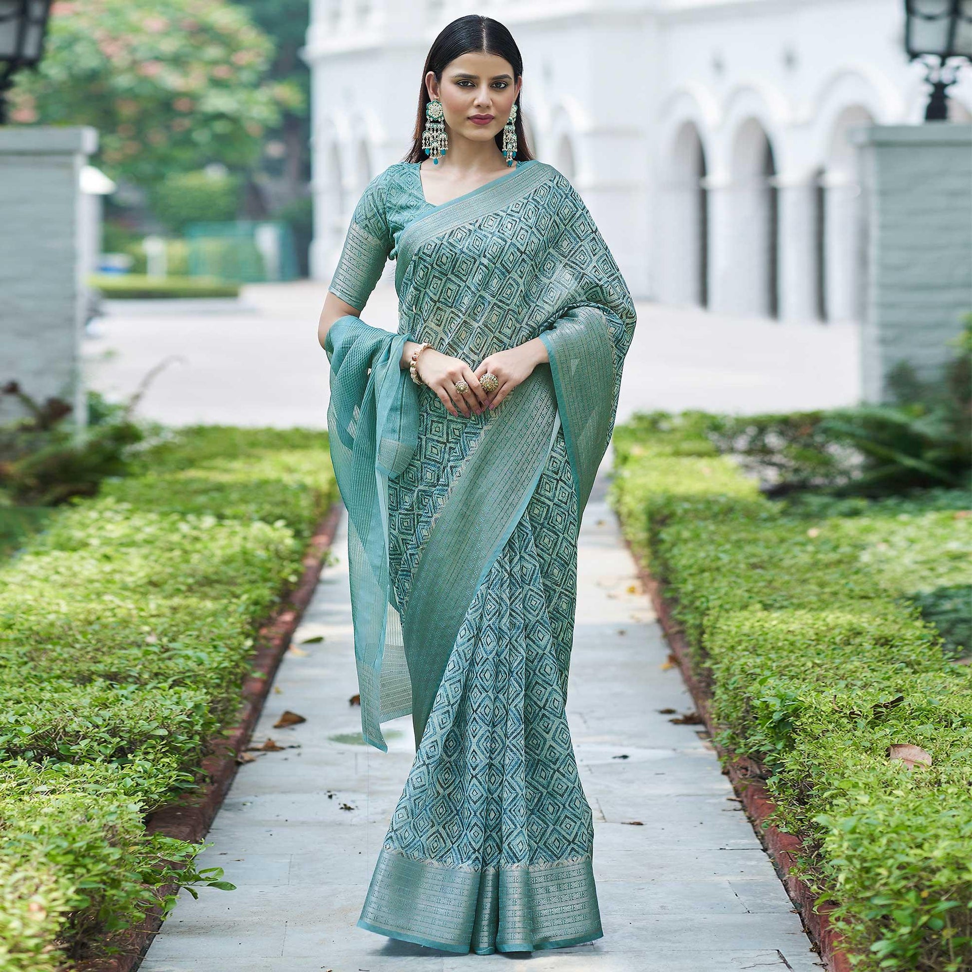 Light Blue Digital Printed Linen Saree