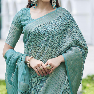 Light Blue Digital Printed Linen Saree