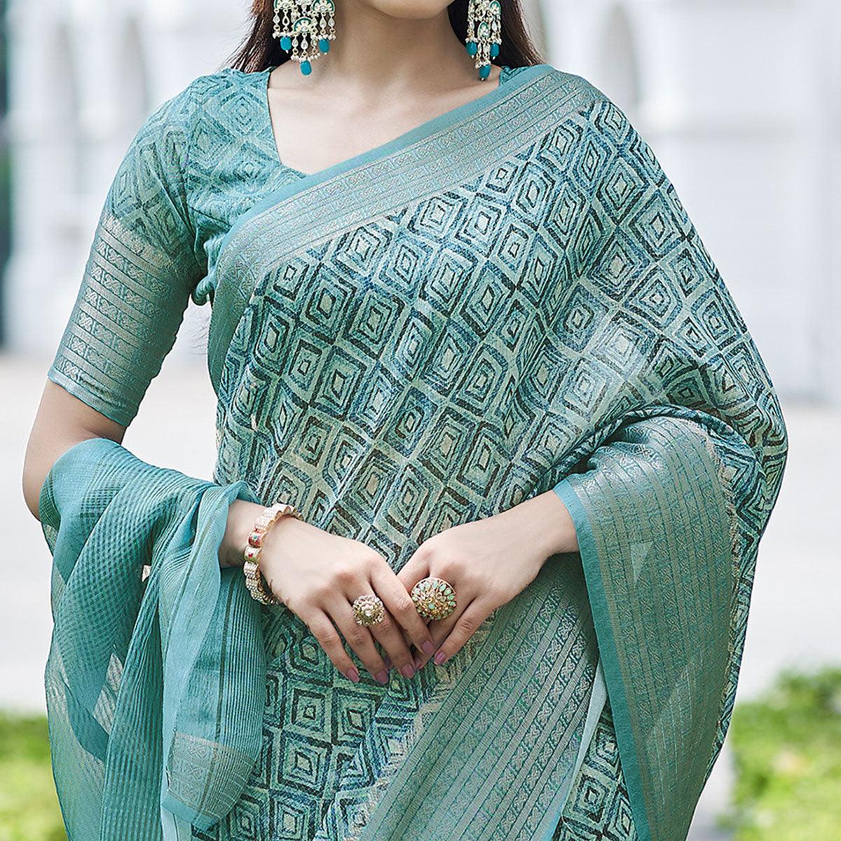 Light Blue Digital Printed Linen Saree