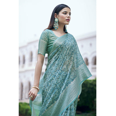 Light Blue Digital Printed Linen Saree