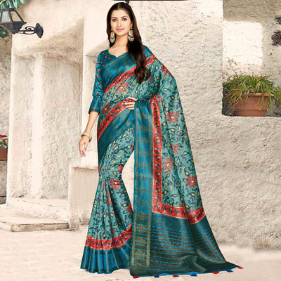Light Blue Digital Printed Tussar Silk Saree With Tassels