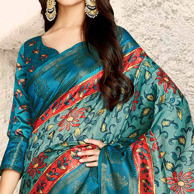 Light Blue Digital Printed Tussar Silk Saree With Tassels