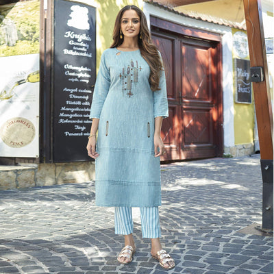 Light Blue  Embroidered Cotton Kurti - Pant Set