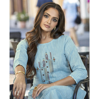 Light Blue  Embroidered Cotton Kurti - Pant Set